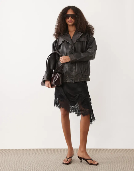  Mango 100% Leather Oversized Jacket In Distressed Brown 