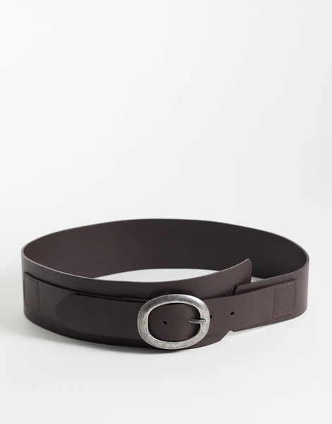  Mango 100% Leather Wide Belt With Silver Buckle In Brown 