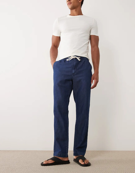  Mango Linen Blend Denim Look Draw String Trousers In Blue 