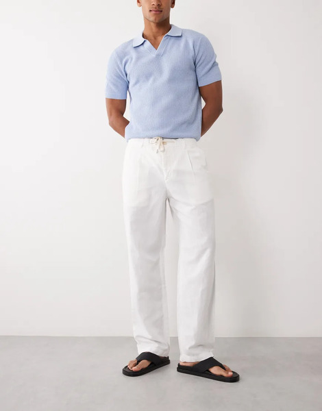  Mango Linen Blend Straight Leg Draw String Rousers In White 