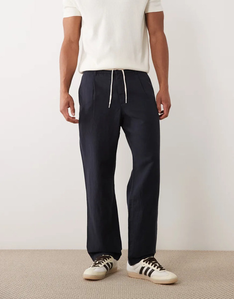  Mango Linen Blend Straight Leg Draw String Trousers In Navy 