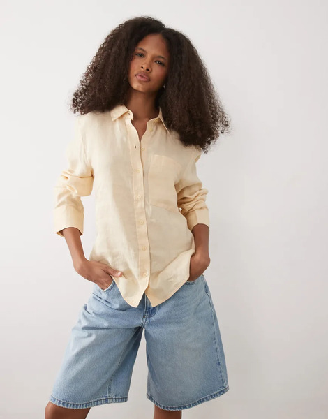  Mango 100% Linen Classic Shirt In Yellow 