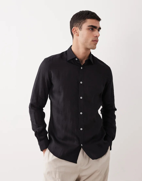  Mango 100% Linen Long Sleeve Shirt In Black 