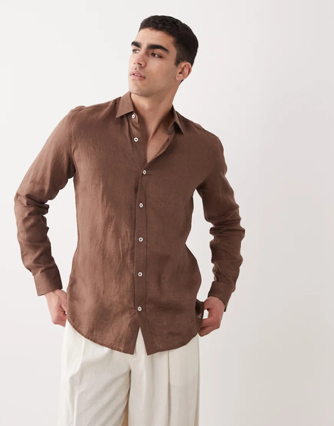  Mango 100% Linen Long Sleeve Shirt In Brown 