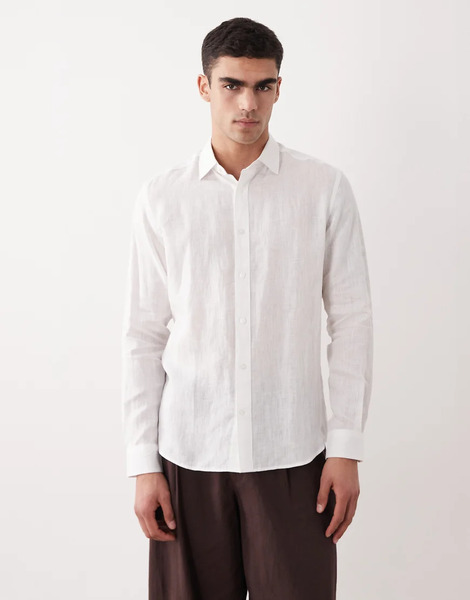  Mango 100% Linen Long Sleeve Shirt In White 