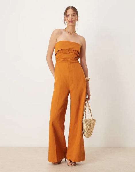  Mango Linen Mix Bandeau Jumpsuit In Burnt Orange 