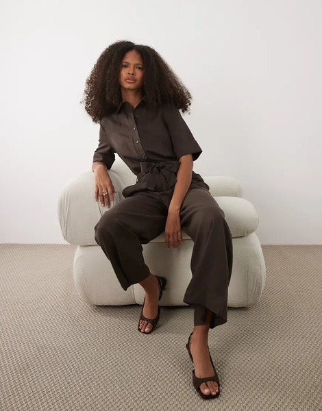  Mango Linen Mix Belted Short Sleeve Jumpsuit In Brown 