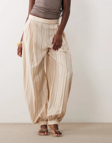 Mango Linen Mix Cuffed Trouser In Beige Stripe Neutral 
