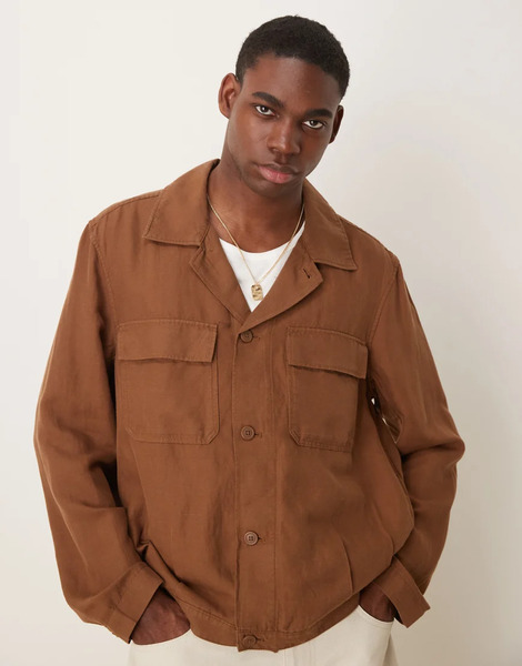  Mango Linen Mix Overshirt In Brown 