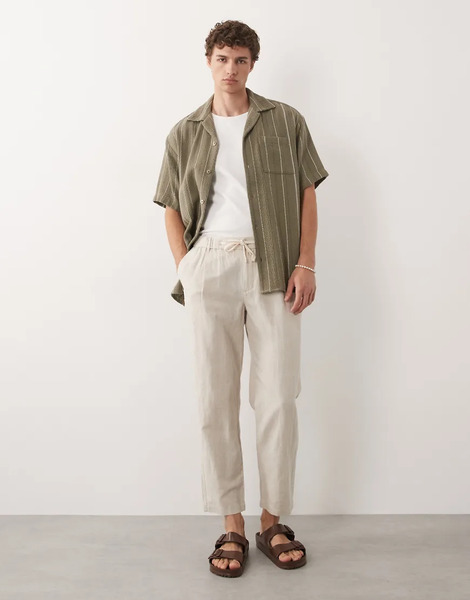  Mango Linen Mix Relaxed Fit Elasticated Draw String Waist Trousers In Ecru Neutral 