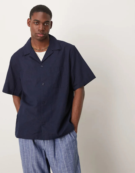  Mango Linen Mix Relaxed Fit Shirt In Navy 