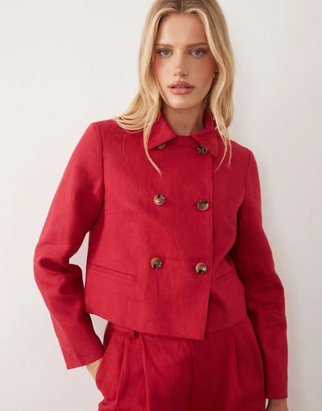  Mango Linen Mix Short Jacket Co Ord In Red 