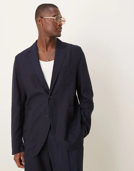  Mango Linen Mix Slim Fit Blazer Co Ord In Navy 