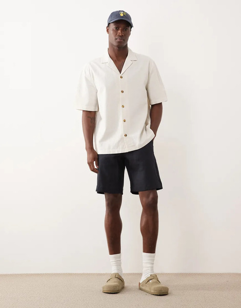  Mango 100% Linen Slim Fit Shorts In Navy 