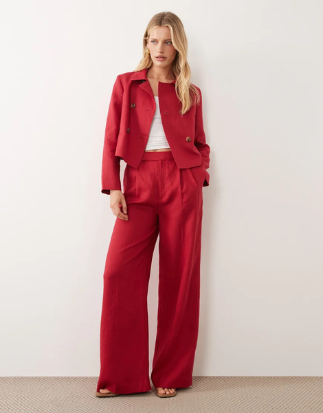  Mango 100% Linen Tailored Trouser Co Ord In Bright Red 