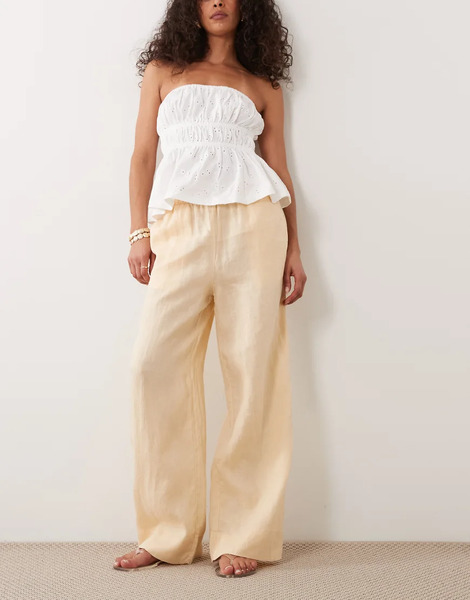  Mango 100% Linen Trouser In Pastel Yellow 