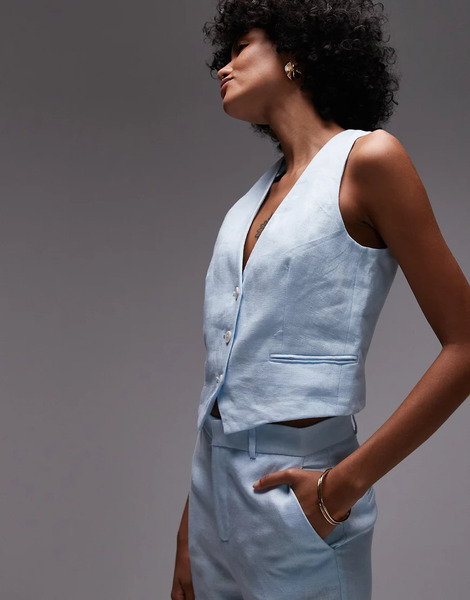  Mango Linen Waistcoat Co Ord In Blue 