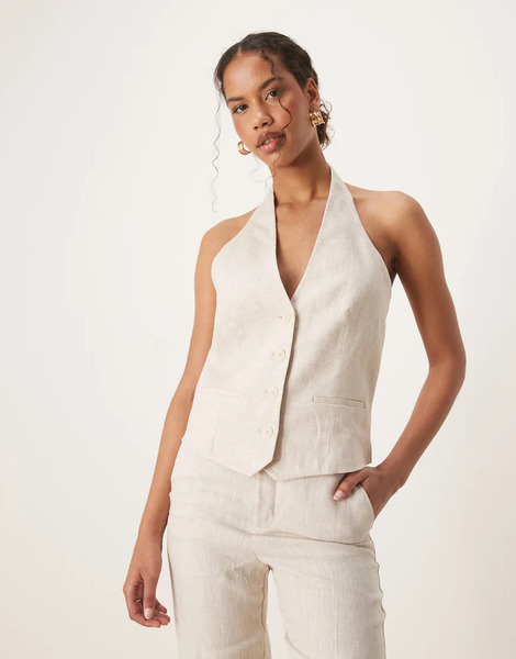  Mango Linen Waistcoat Co Ord In Ecru Brown 