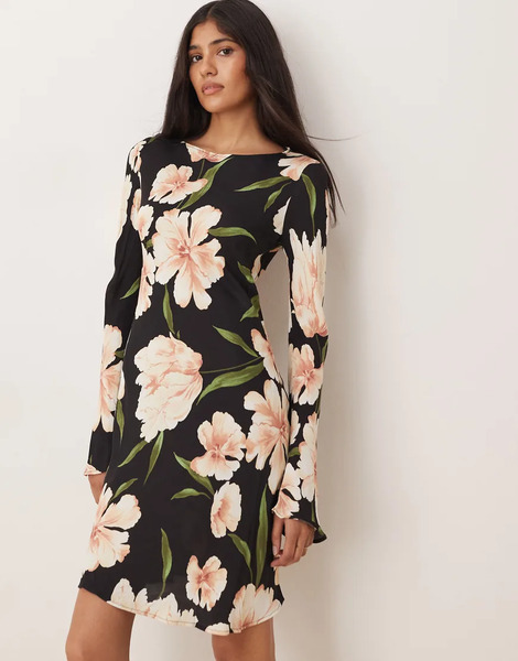  Mango Long Sleeve Mini Dress In Dark Based Floral Black 