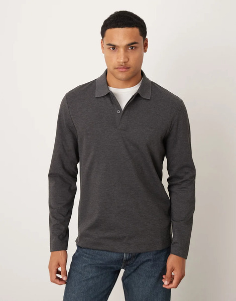  Mango Long Sleeve Polo Top In Charcoal Grey 