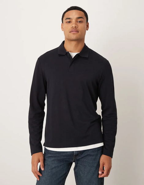 Mango Long Sleeve Polo Top In Navy 