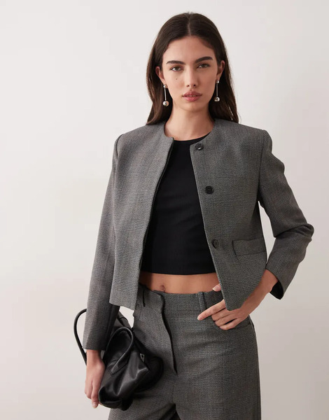  Mango Louis Collarless Blazer Co Ord In Grey Check 