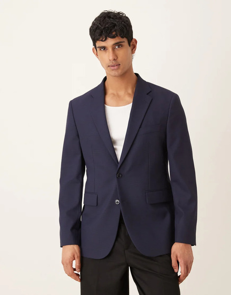  Mango Milan Slim Fit Checked Tailored Blazer In Navy 