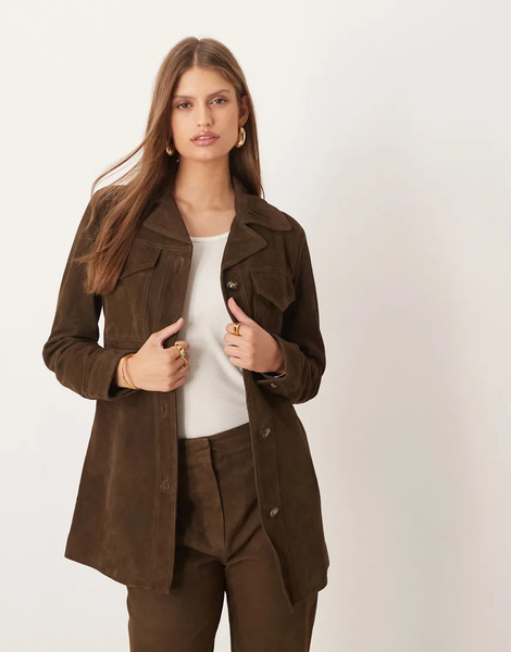  Mango Monte 100% Leather Longline Jacket Co Ord In Brown 