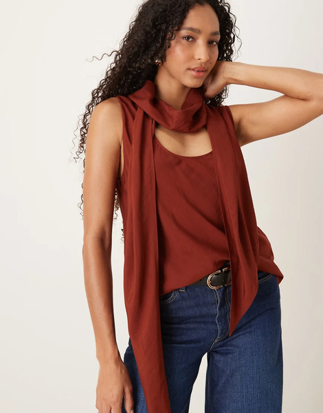  Mango Neck Detail Sleeveless Top In Rust Brown 