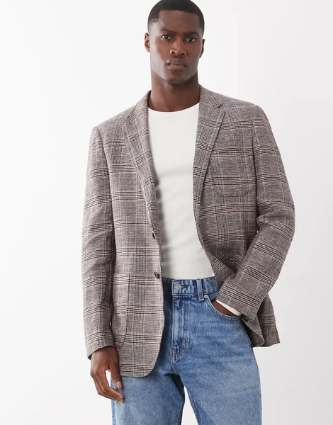 Mango Nella 100% Linen Checked Blazer In Brown 