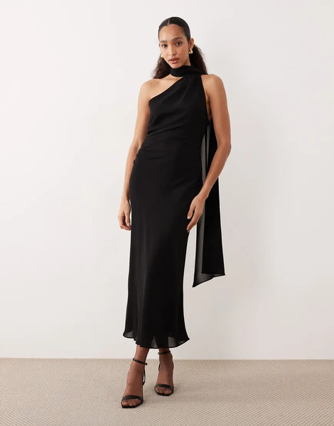  Mango One Shoulder Maxi Dress With Drape Detail In Black 