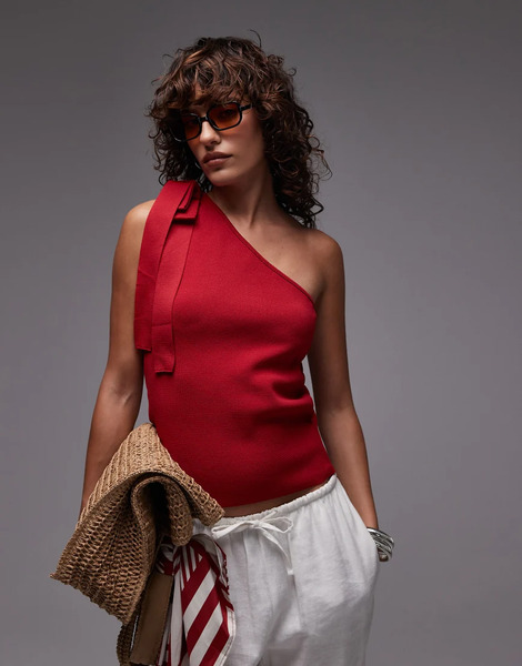  Mango One Shoulder Tie Knitted Top In Red 