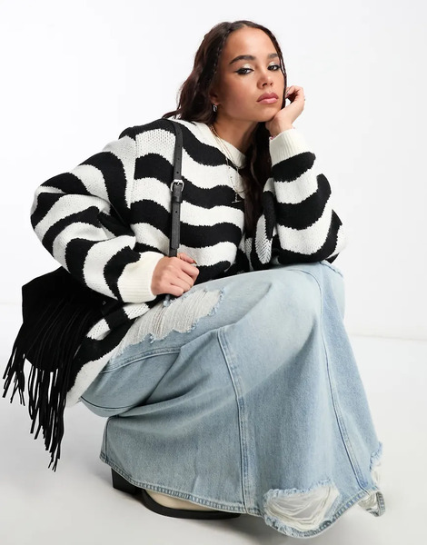  Mango Oversize Wavy Striped Sweater In Black And White Multi 