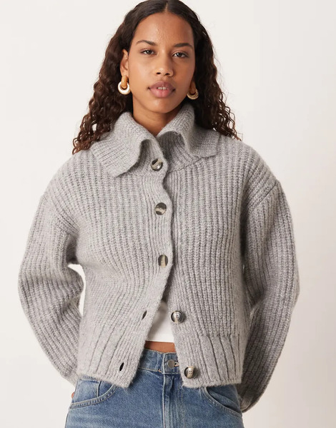  Mango Oversized Collar Cardigan In Grey 