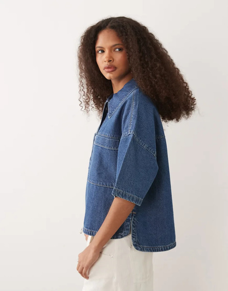  Mango Oversized Short Sleeve Top In Mid Blue 
