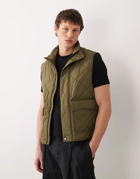  Mango Padded Gillet With Front Pockets In Khaki Green 