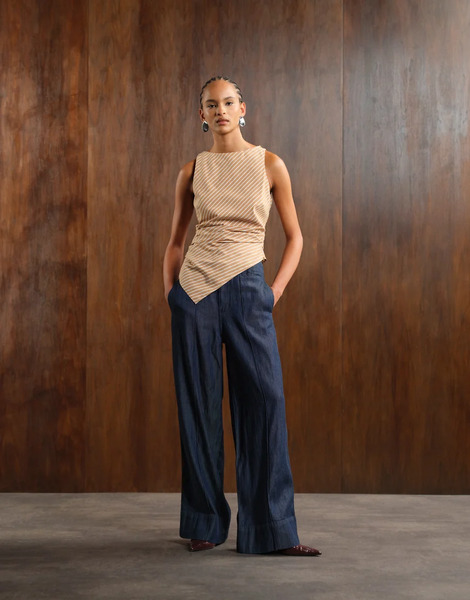  Mango Pleat Front Denim Look Trouser Co Ord In Blue 