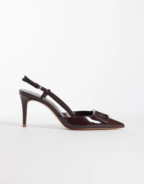  Mango Pointed Heeled Slingbacks With Statement Buckle In Dark Brown 