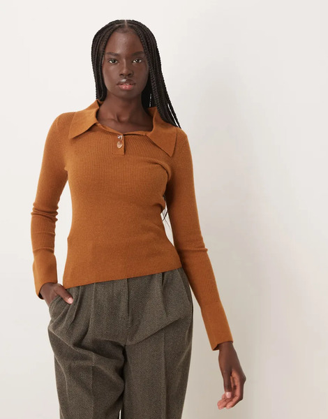 Mango Polo Top With Flared Sleeves In Caramel Neutral 