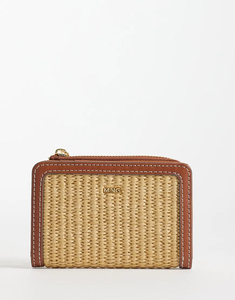  Mango Raffia Look Zip Through Purse In Tan Neutral 