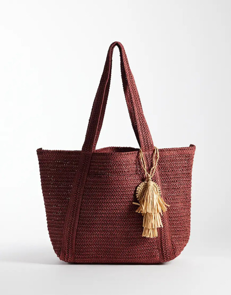  Mango Raffia Tote Bag In Berry Red 