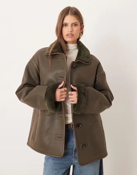  Mango Reversible Borg Jacket In Khaki Green 