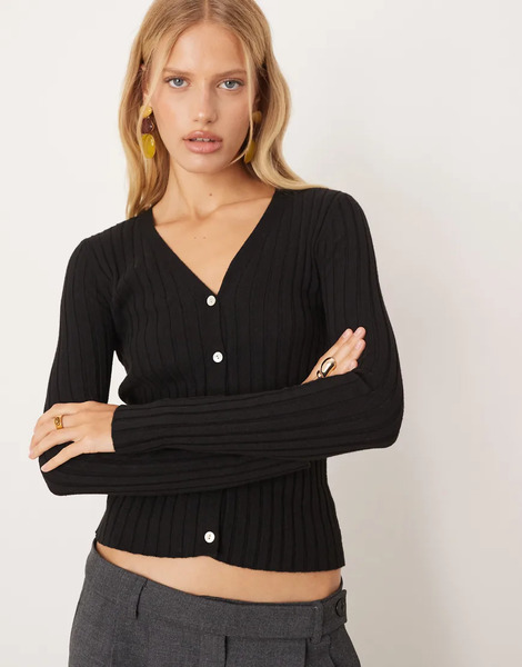  Mango Ribbed V Neck Cardigan In Black 
