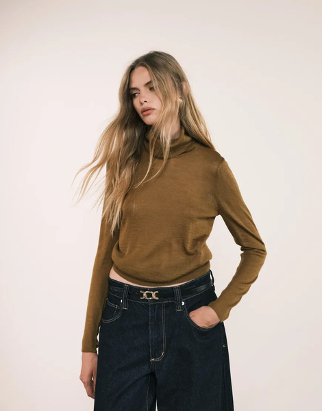  Mango Roll Neck Fine Jumper In Tan Neutral 