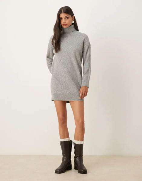  Mango Roll Neck Knitted Mini Dress In Light Grey 