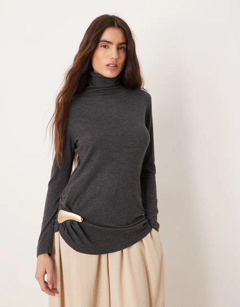  Mango Roll Neck Ruched Side Knitted Top In Charcoal Grey 