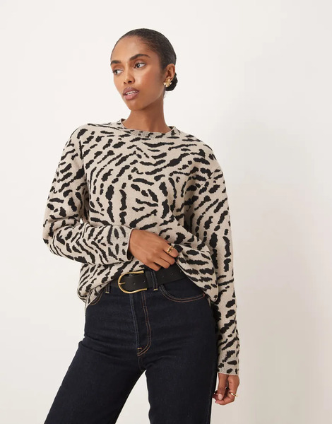  Mango Round Neck Jumper In Zebra Print Neutral 