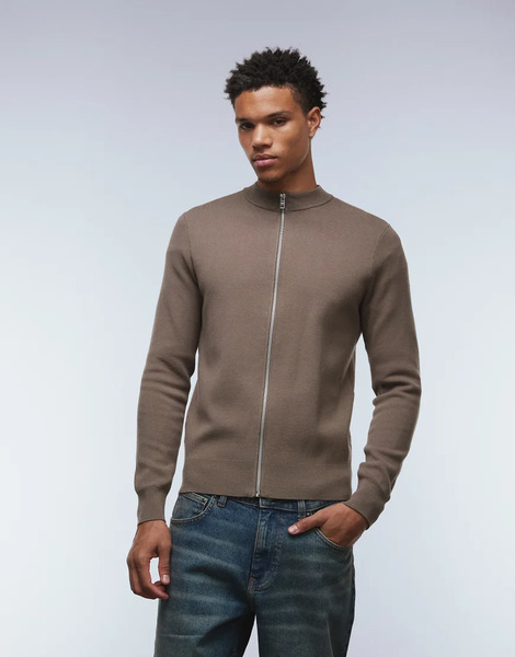  Mango Round Neck Zip Through Knitted Cardigan In Camel Neutral 
