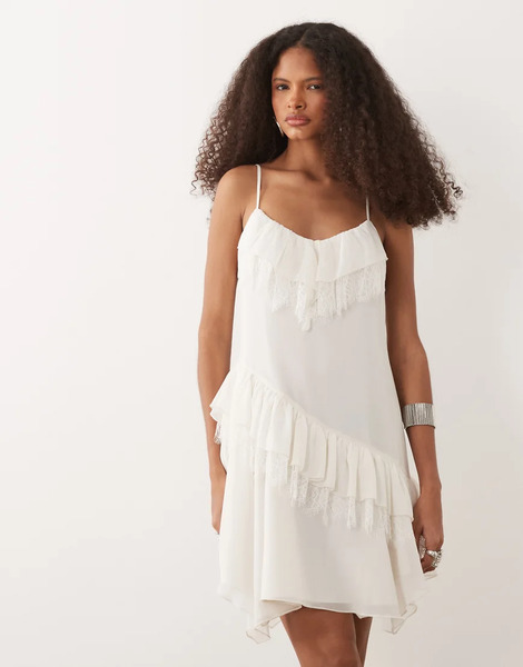  Mango Ruffle Detail Mini Dress In White Neutral 