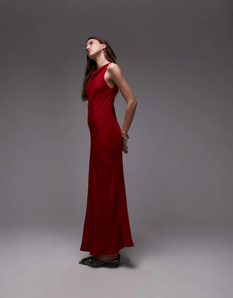  Mango Satin Drape Neck Maxi Dress In Red 